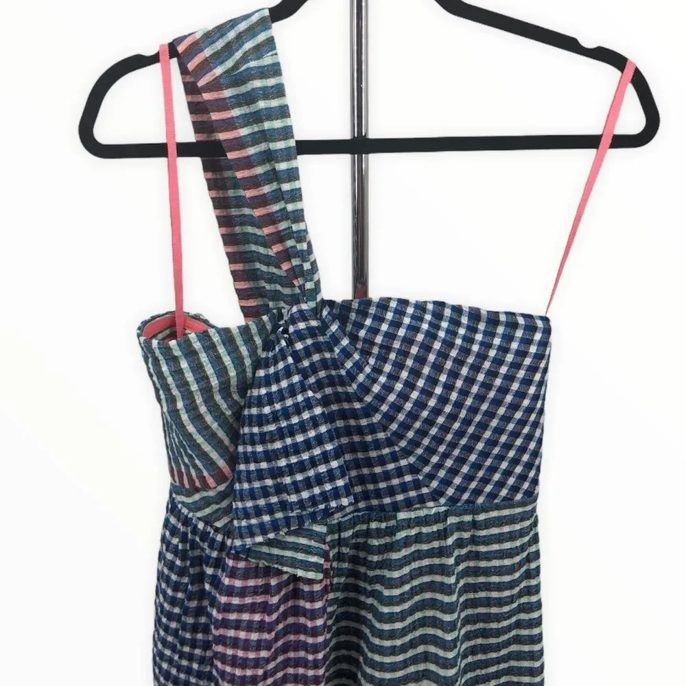 Maeve Waverly One Shoulder Multicolor Gingham Midi Dress size 6 - Picture 4 of 13